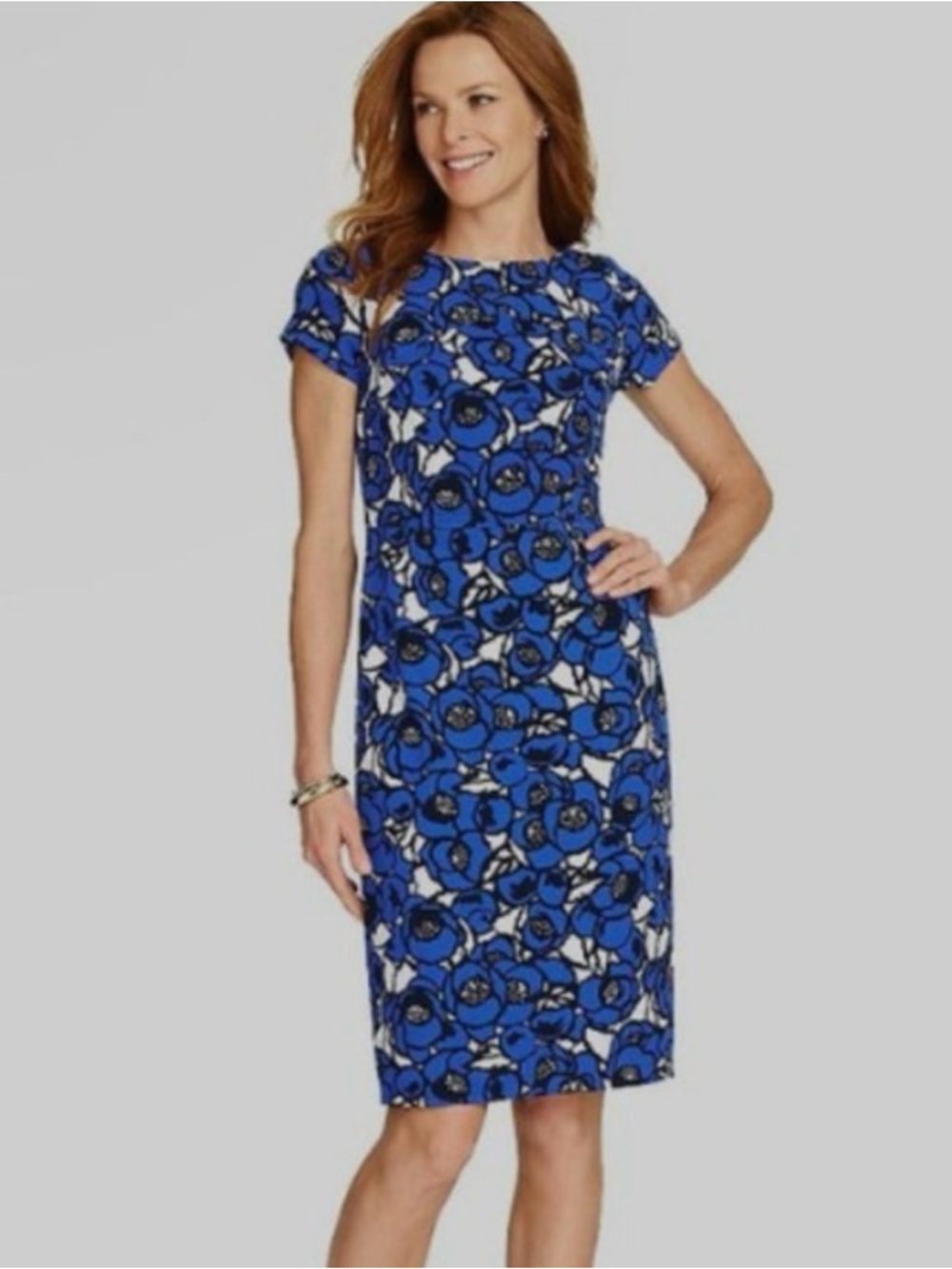 Talbots Women's Blue Poppy Print Short Sleeve Sheath Dress Size 14